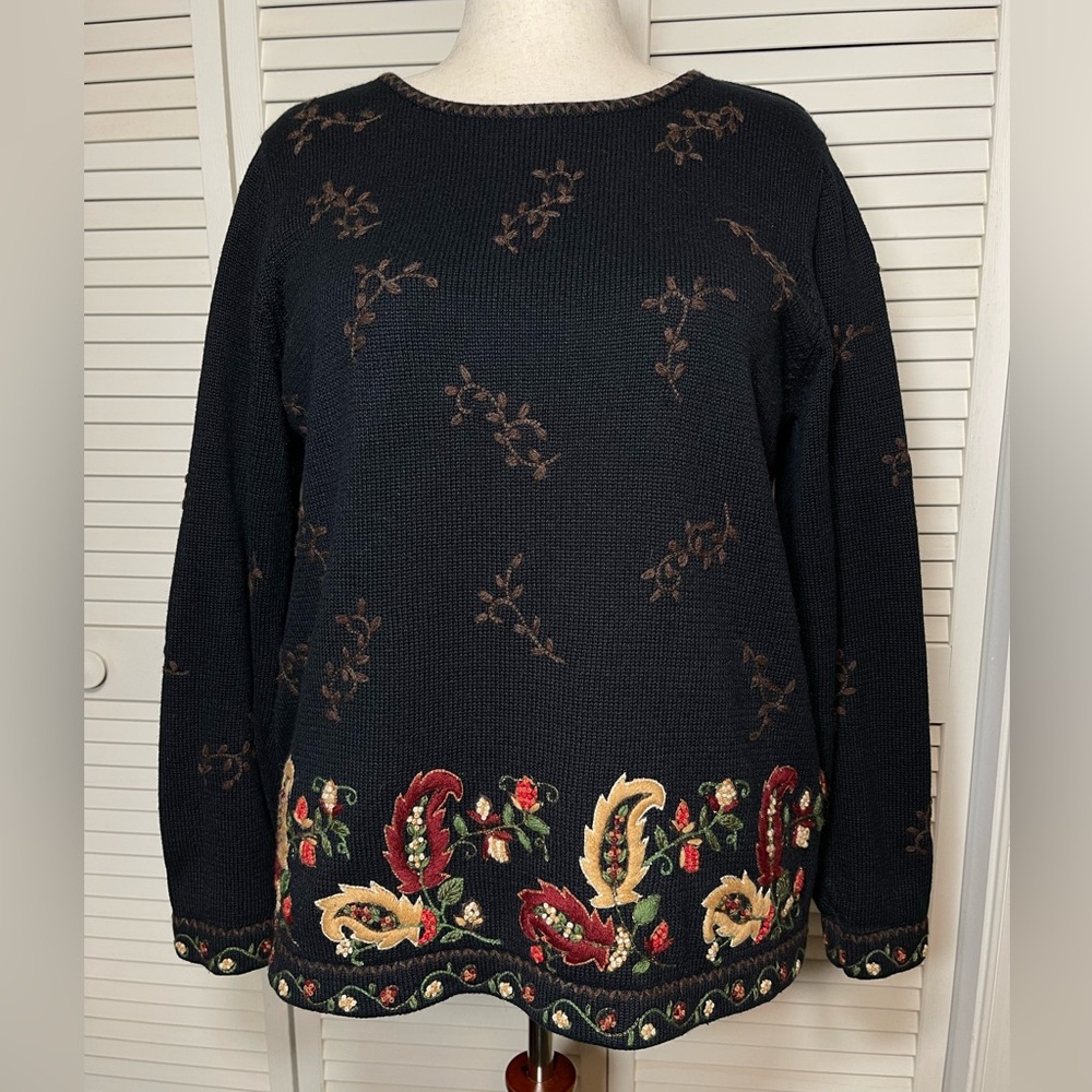 Vintage Talbots Sweater Women's Black Multicolor Paisley Embroidered Size XL